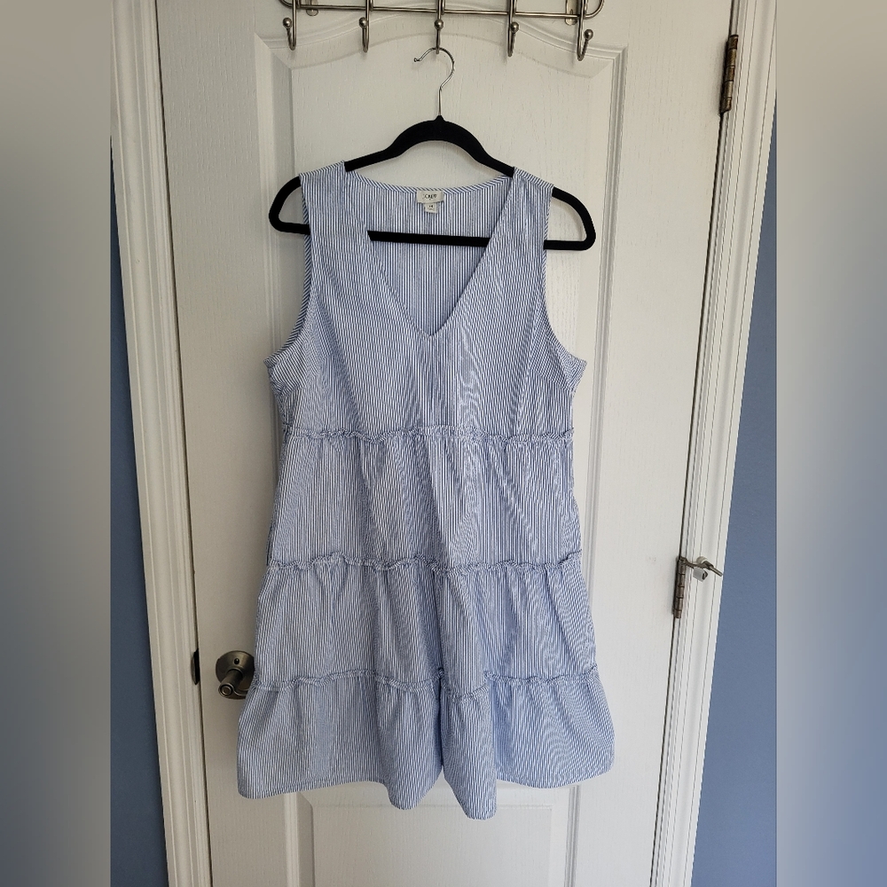 J. Crew Factory Light Blue and White Striped Tiered V‑Neck Mini Dress